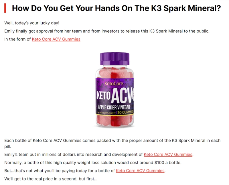 K3 Spark Mineral Keto Core ACV Gummies page