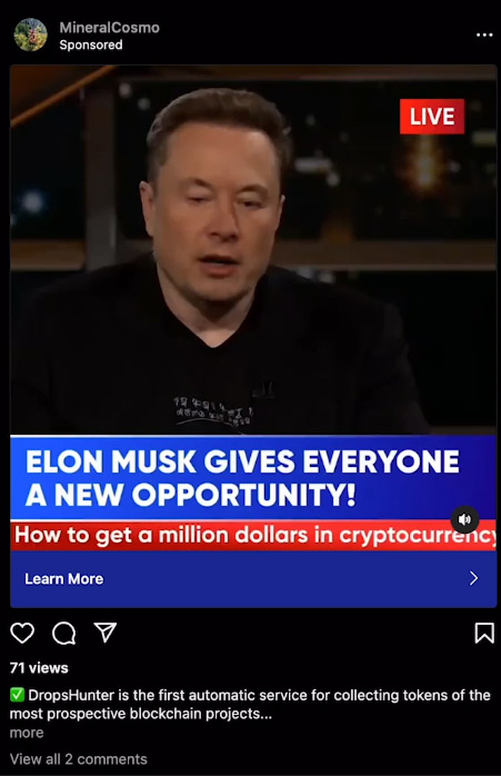 Fake Endorsement From Elon Musk Instagram ad for Drophunters
