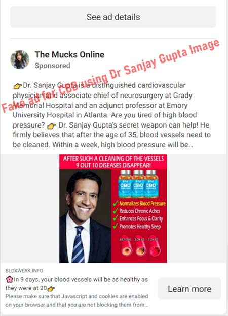 A Facebook ad that uses Dr. Sanjay Gupta's Image to make a fake endorsement claim for Blue Vibe CBD Gummies