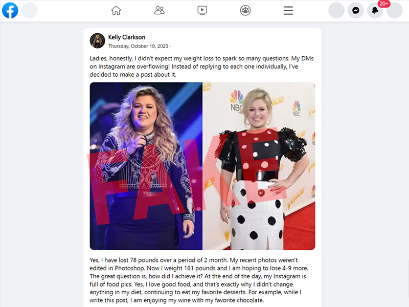Duplicate Facebook Page with fake Kelly Clarkson page with fake weight loss story 