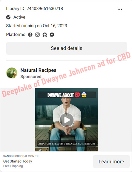 A Facebook ad that uses Dwayne Johnson Image to make a fake endorsement claim for Blue Vibe CBD Gummies
