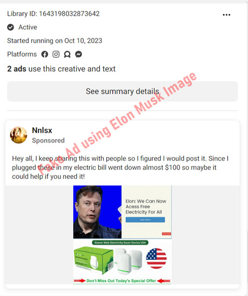 Facebook ad for Esaver Watt with an Elon Musk image