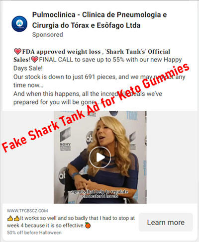 Fake Shark Tank endorsement ads for keto gummies