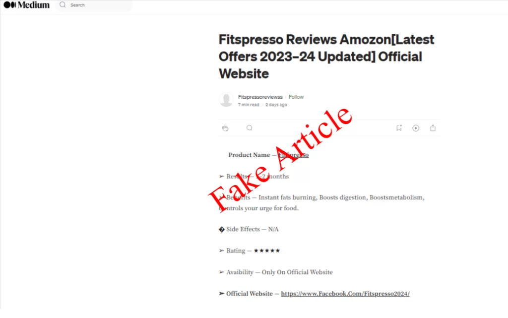 fitspresso medium fake article