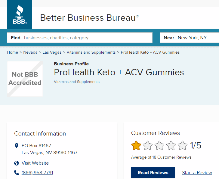ProHealth Keto ACV Gummies Better Business Bureau Profile