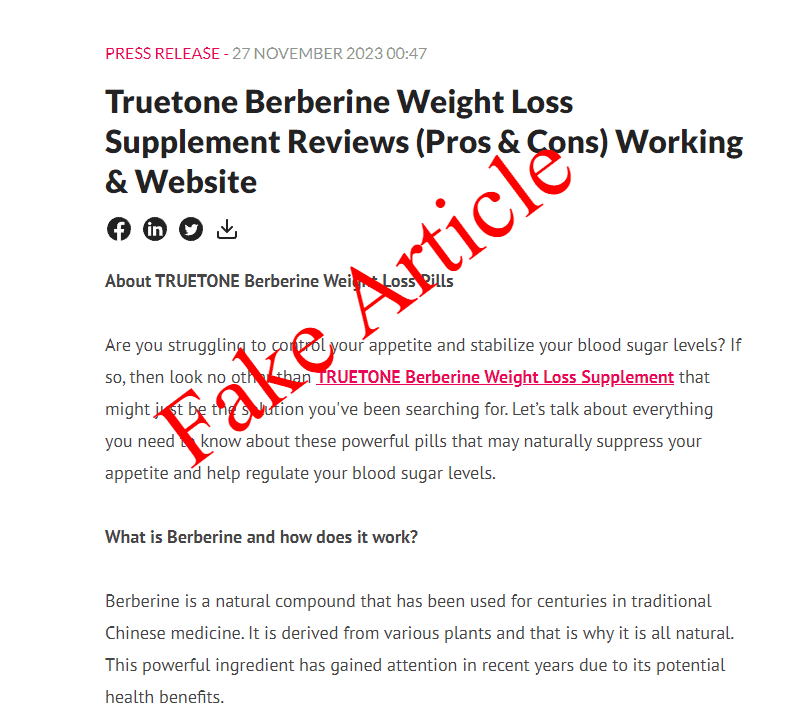 Truetone Berberine Weight Loss Supplement Fake promotion 1