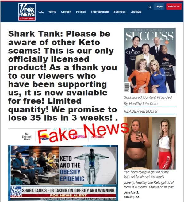 FoxNews fake Shark Tank page for keto gummies endorsement 